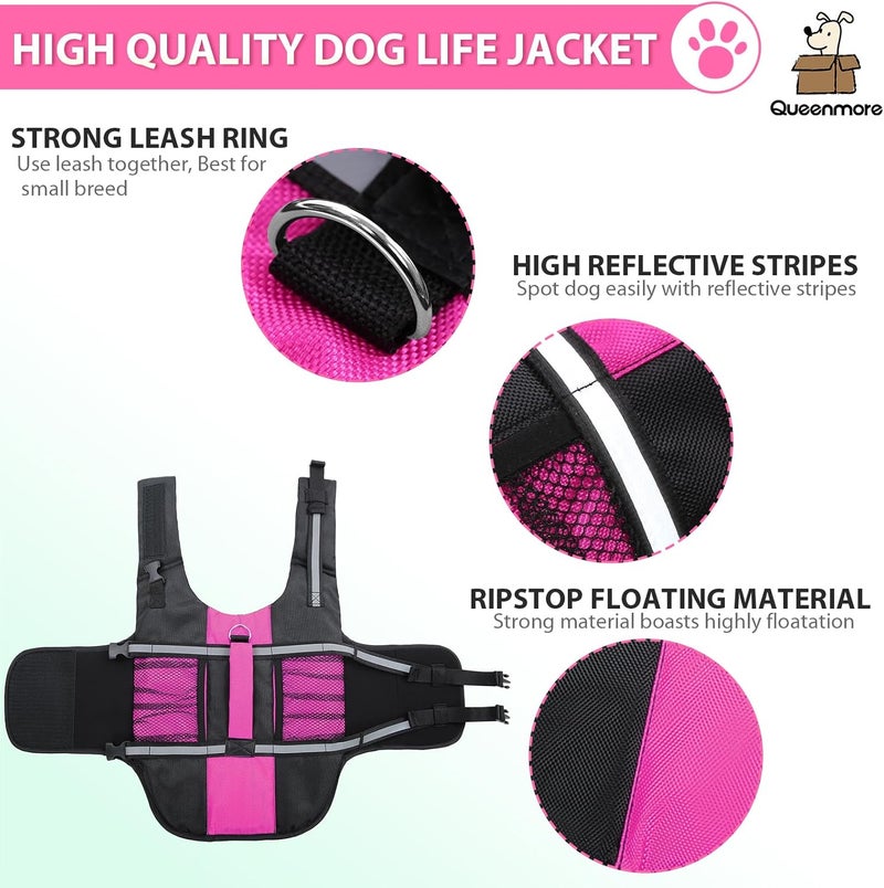 Queenmore Small Dog Life Jacket, Adjustable Pet Life Vest for Small and Medium Dogs with High Buoyancy, Rescue Handle, Reflective Bands for Boating, Canoeing, Swimming - Image 3